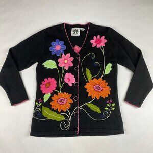 Vintage Storybook Knits Cardigan Sweater Small Wildflower Black Multicolor